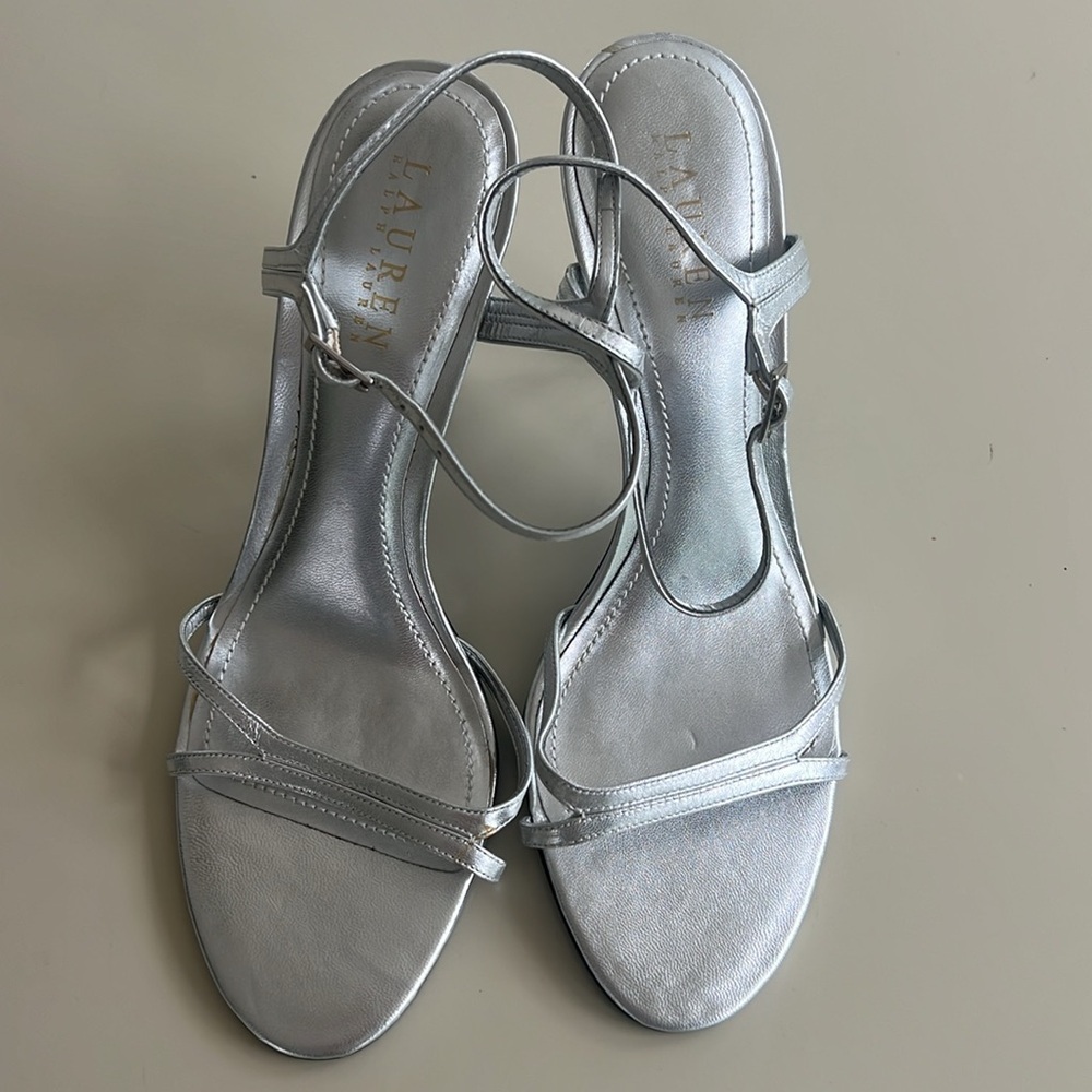 LAUREN RALPH LAUREN Aela silver metallic kidskin strappy sandals SIZE 9 - Picture 2 of 6